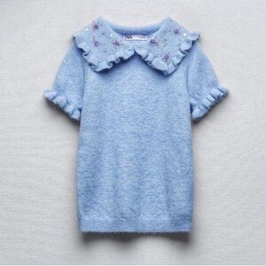 Zara Light Blue Sweater with Ruffled Collar Size S